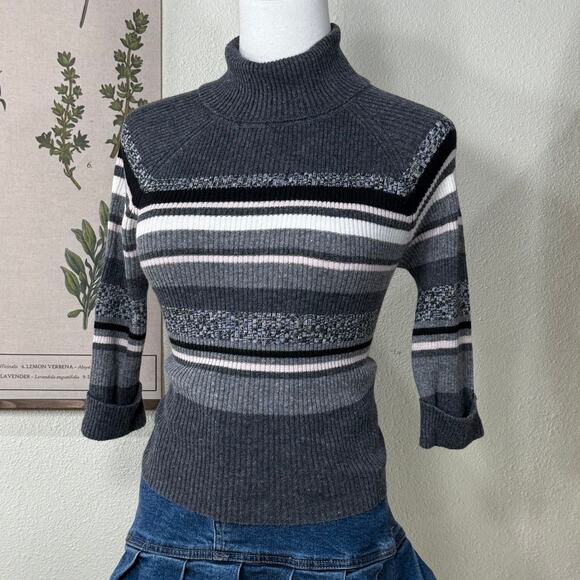 Vintage 90s Y2k Striped Turtleneck Ribbed Sweater Shoujo Girl Gloomy Coquette S - Picture 4 of 6